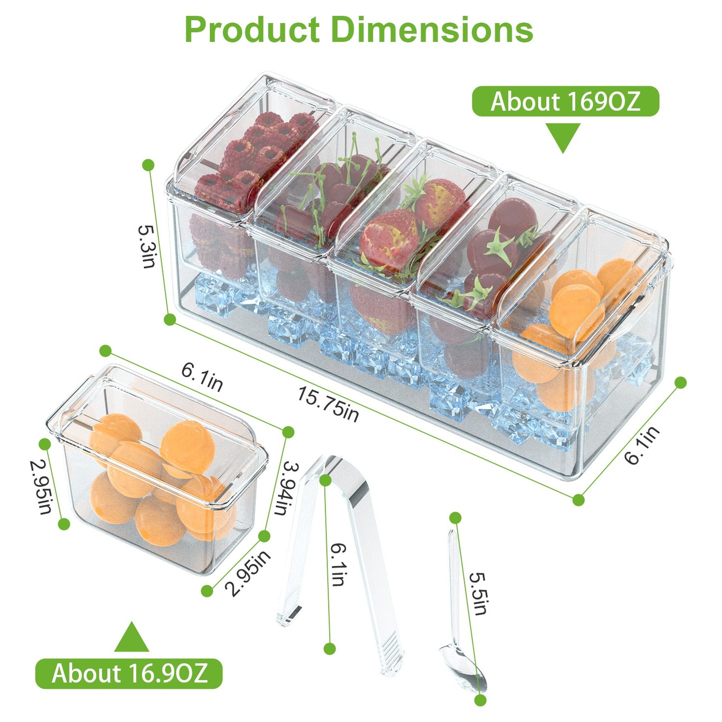 Ice Chilled Condiment Caddy with 5 Removable Food Trays & Tongs