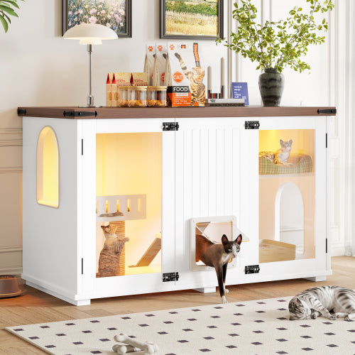 Large Cat Litter Box Enclosure with LED Light and Stairs - White