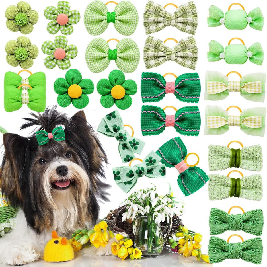 Pet Hair Bows for Small & Medium Dogs - 20 Colorful Rhinestone & Lace Clips
