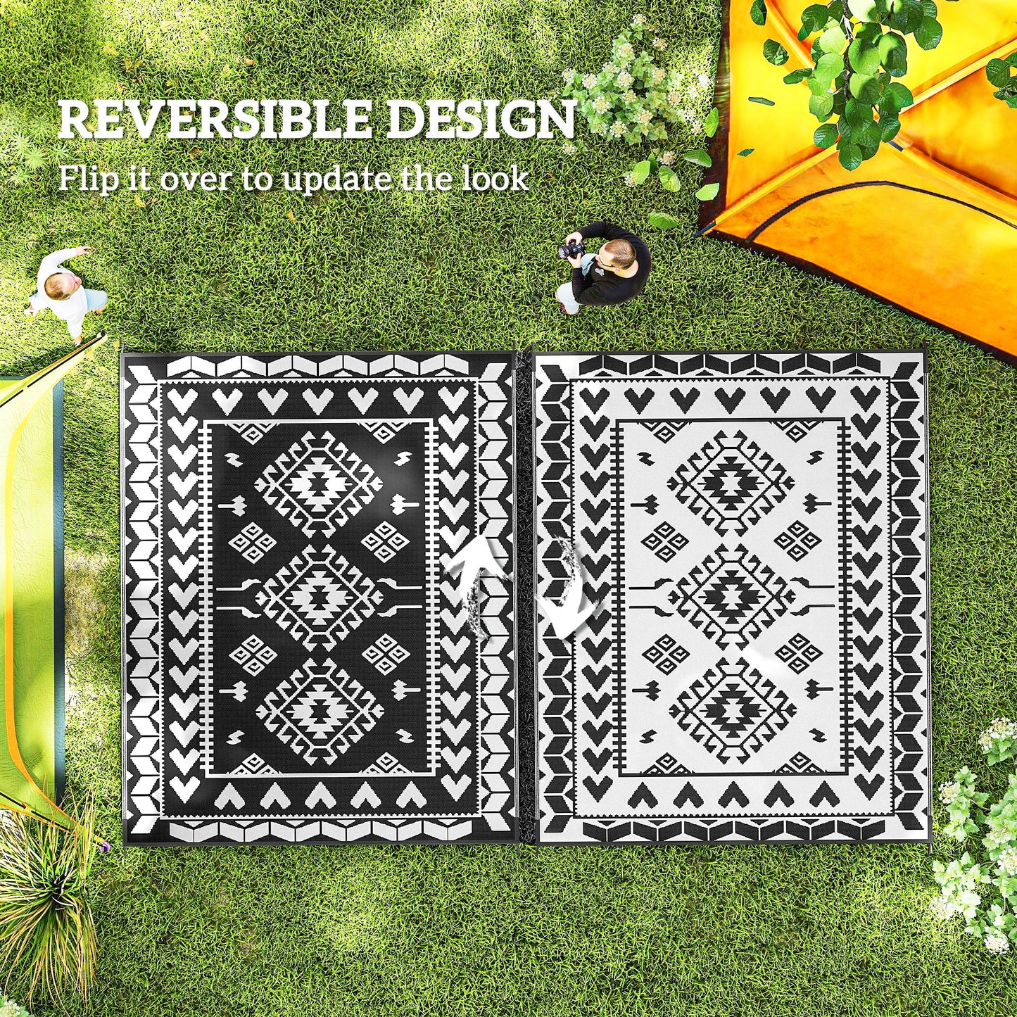 Reversible Outdoor Rug - Waterproof Plastic Straw, 8' x 10', Black & White Patchwork