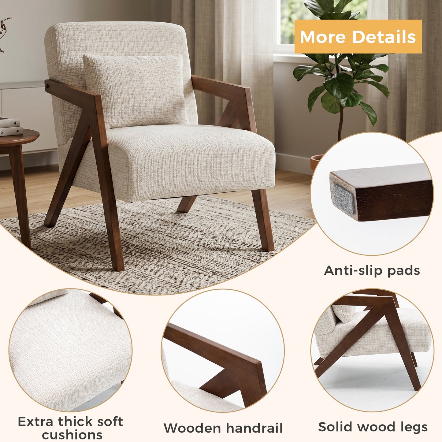 Mid-Century Modern Accent Chair - Solid Wood & Upholstered Chenille - Beige
