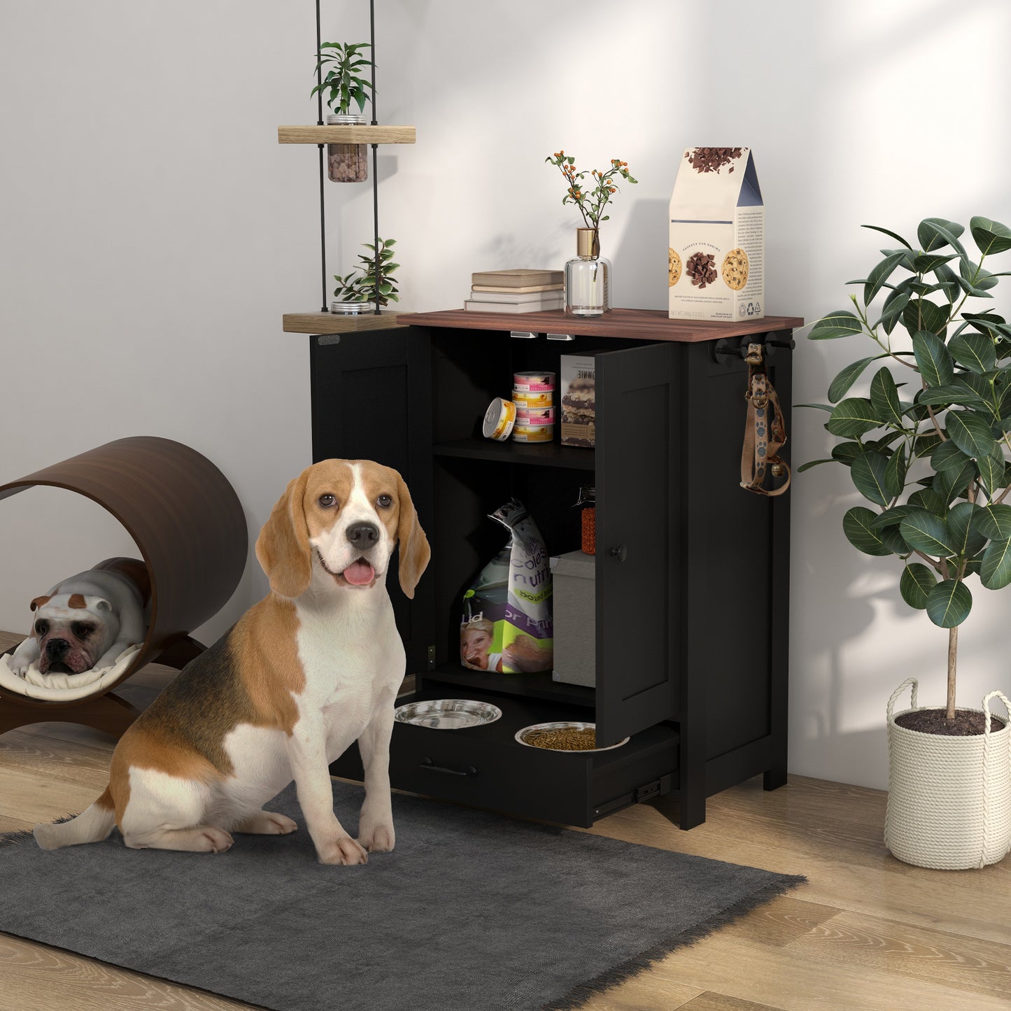 Pet Feeding Station with Adjustable Storage and Raised Bowls for Medium Dogs - Black