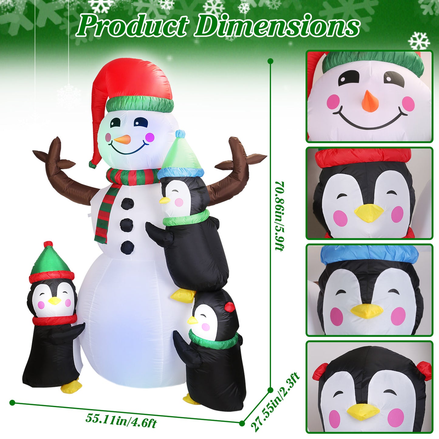 5.9FT Inflatable Christmas Snowman & Penguin Yard Decoration with LED Lights