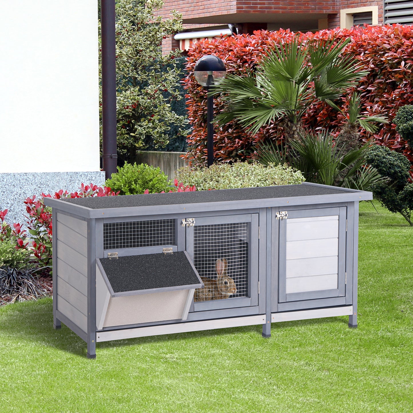 Wooden Rabbit Hutch Cage with Waterproof Roof & Feeding Trough - Gray, 1195x150x545mm