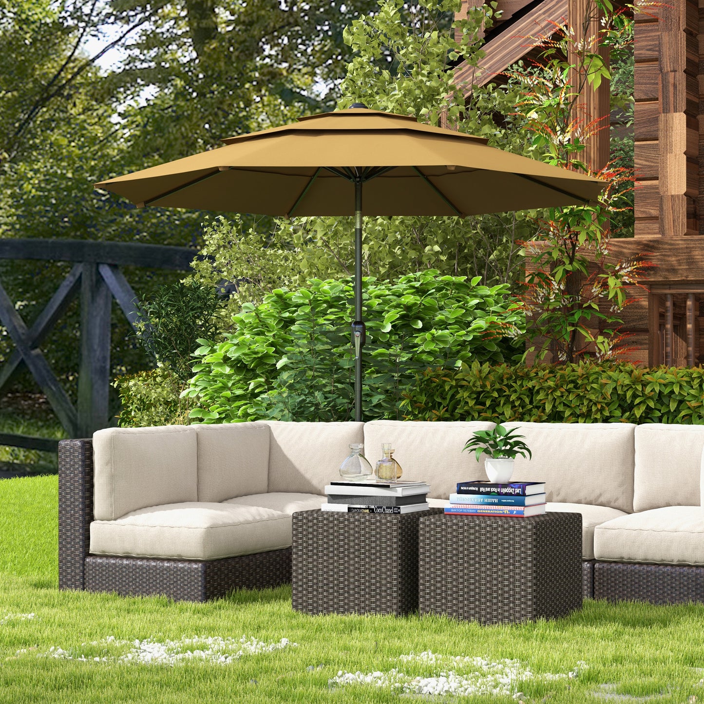 9FT Tan Outdoor Patio Umbrella with Crank & Push Button Tilt