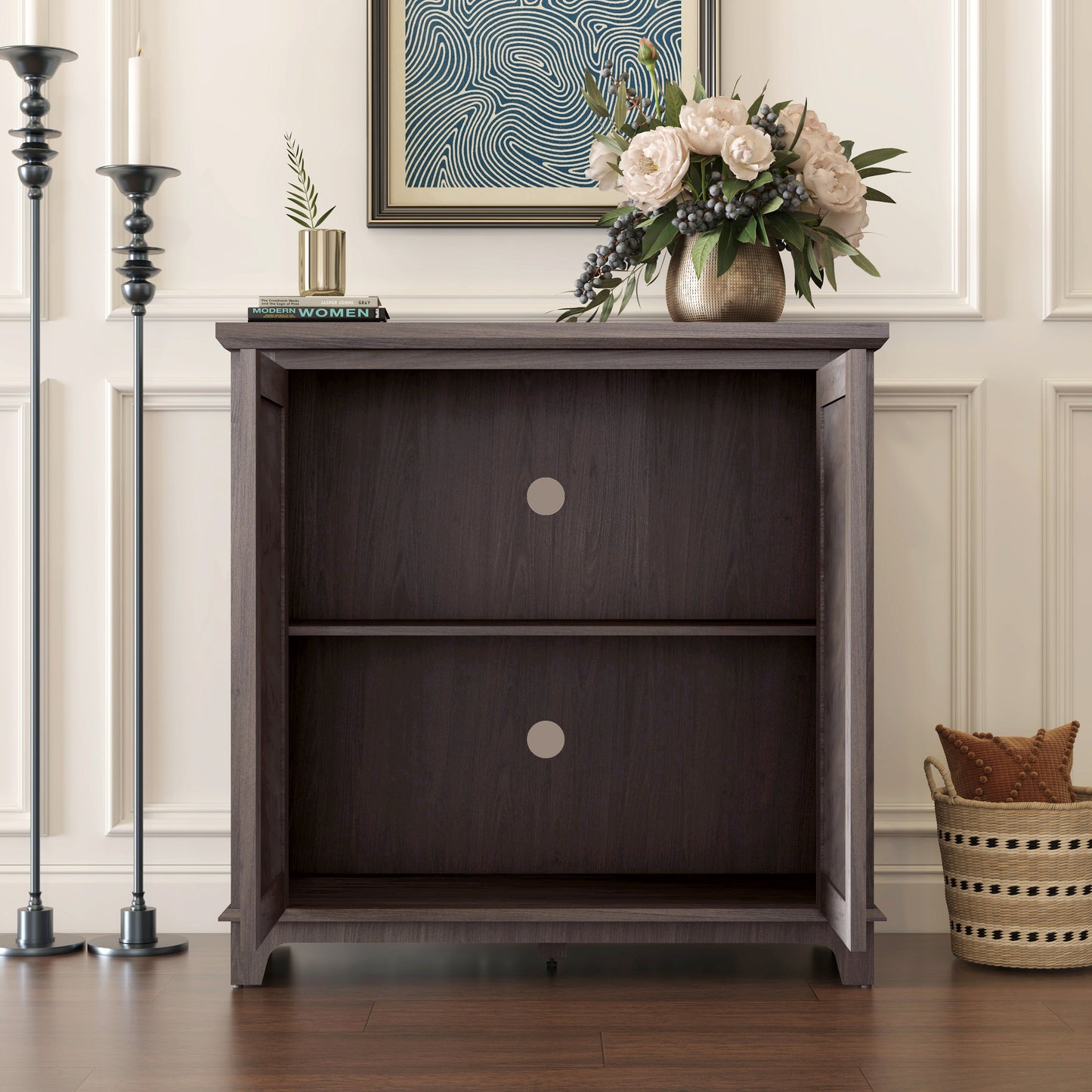 Elegant Sideboard With 2 Acrylic Mirrored Doors And Buffet Storage,