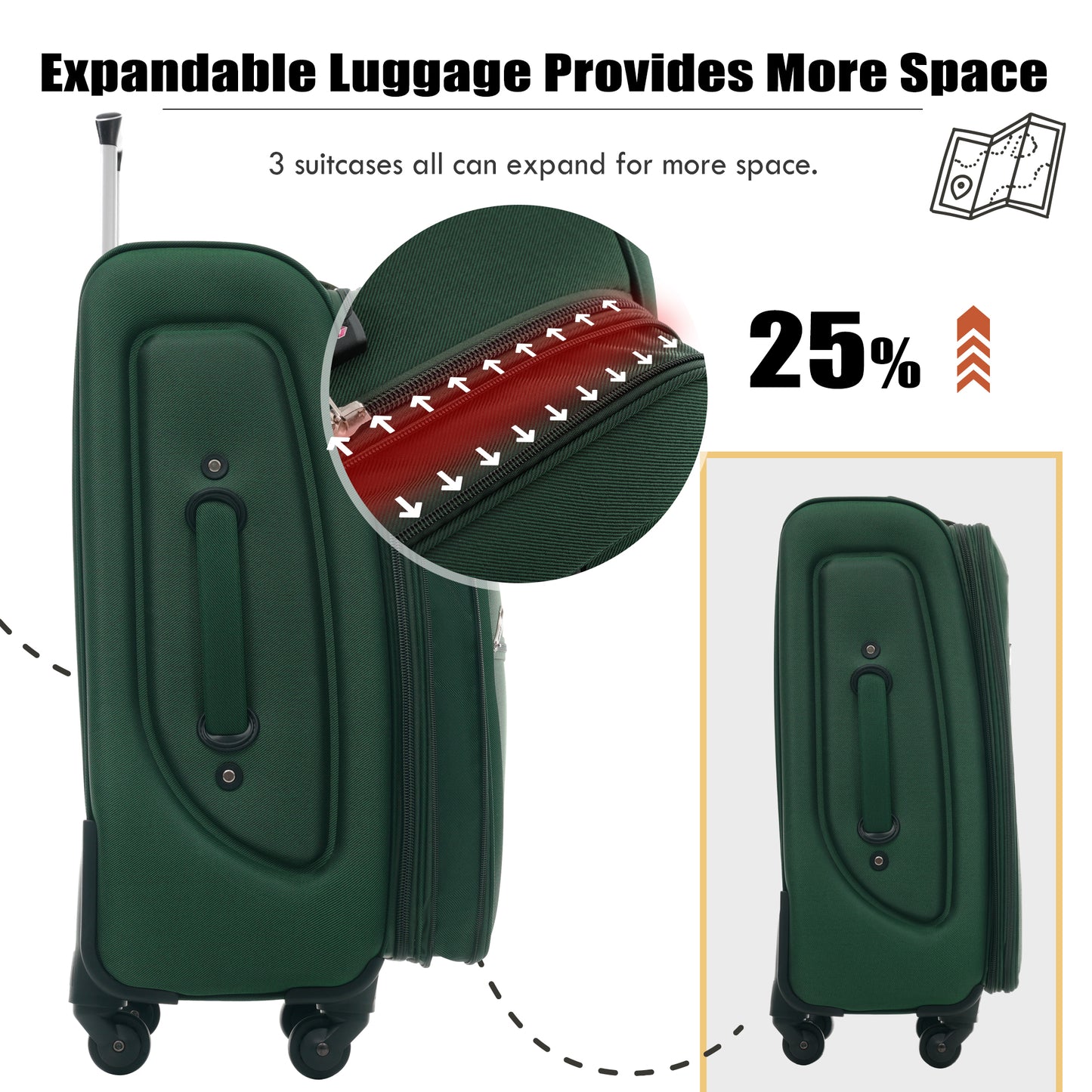 Expandable Softside Luggage Set - 3 Piece Spinner Set, Dark Green