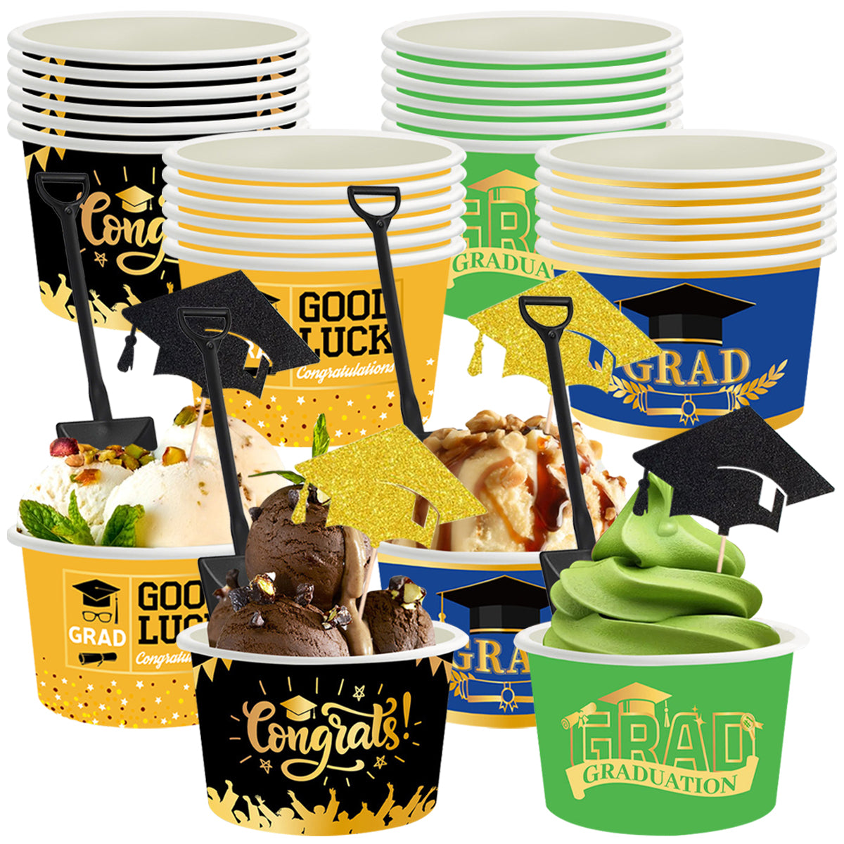 Graduation Ice Cream Cups Set - 24 Disposable Bowls with Spoons & Picks