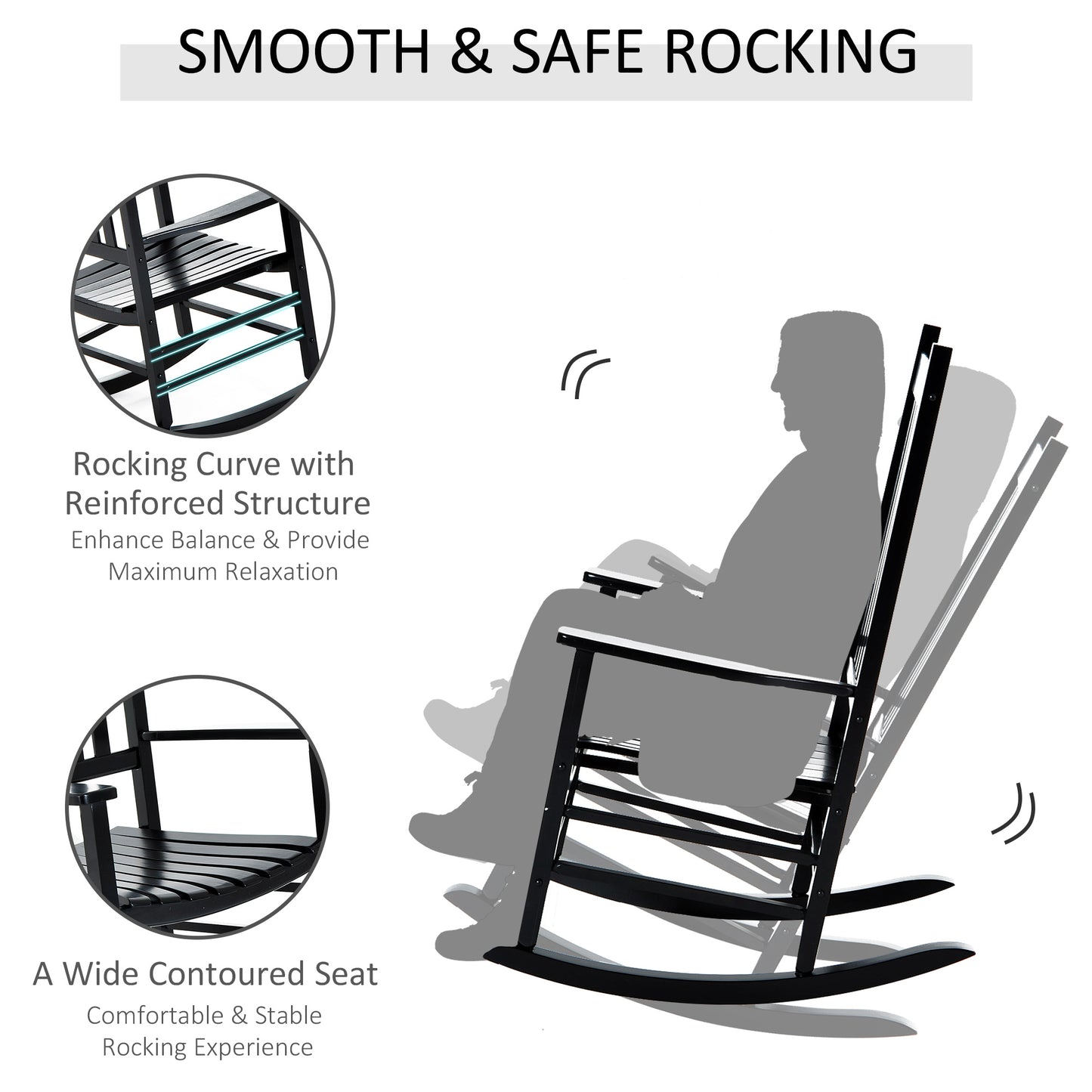 Wooden Outdoor Rocking Chair with Armrests - Black