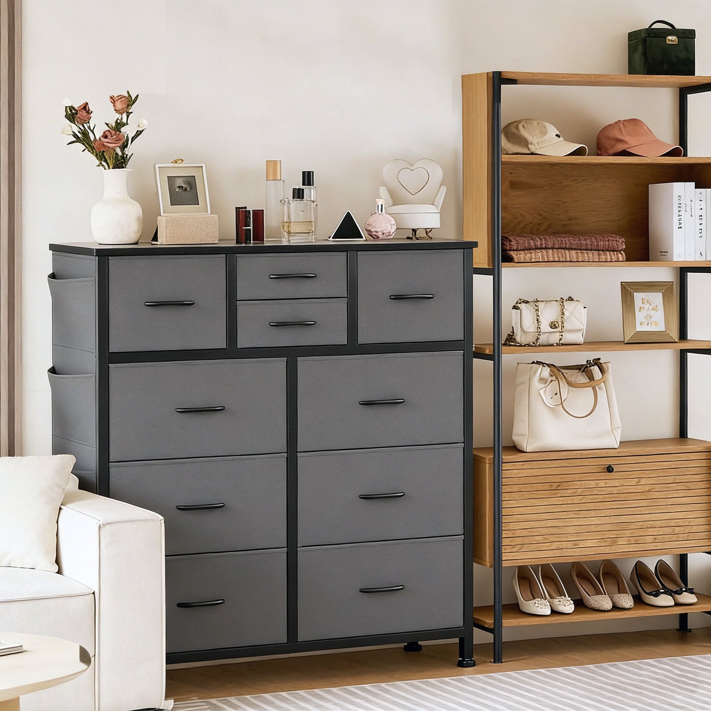 10-Drawer Storage Cabinet with Side Pocket & Hooks - Gray