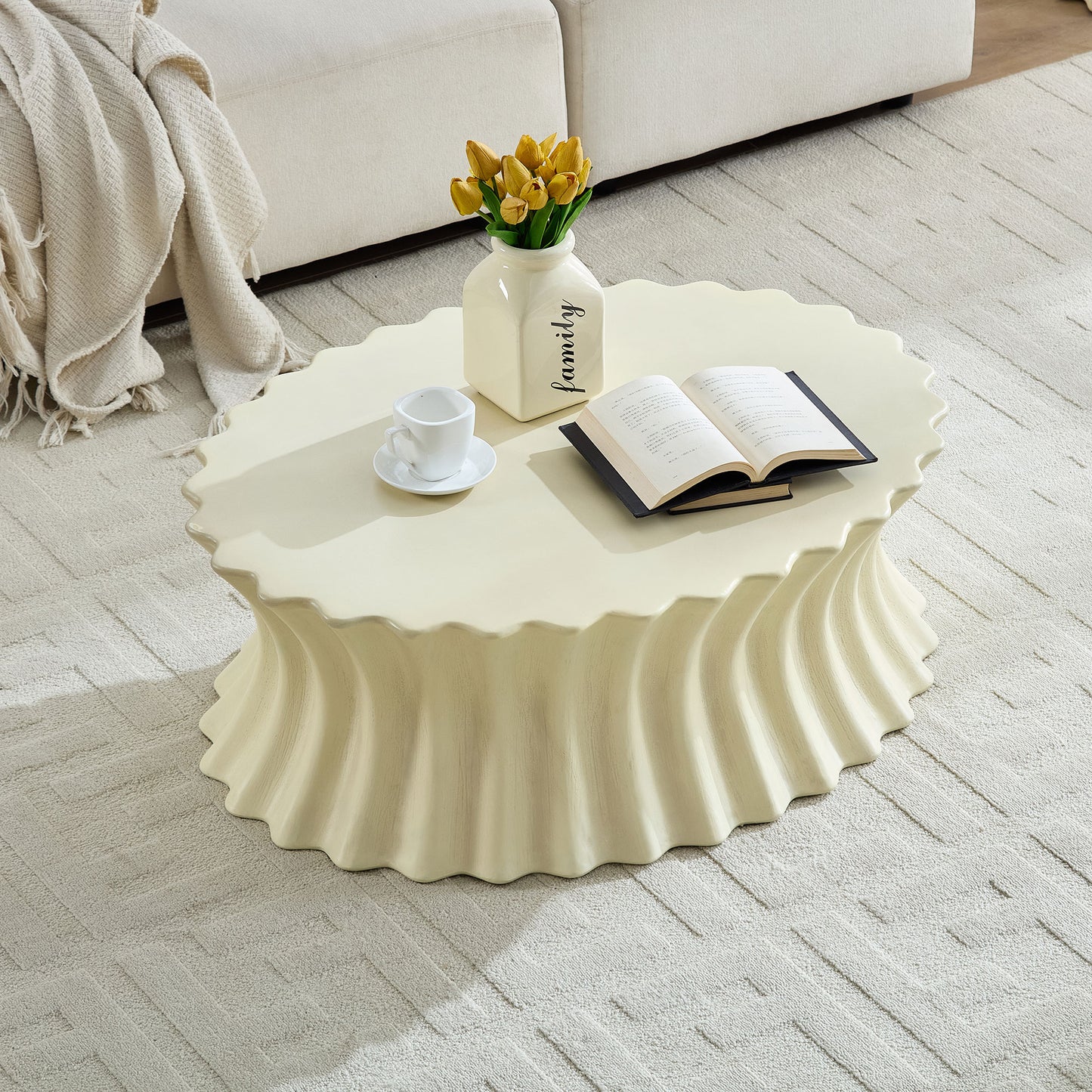 Oval Coffee Table - Vintage Beige Fiberglass Design, No Assembly