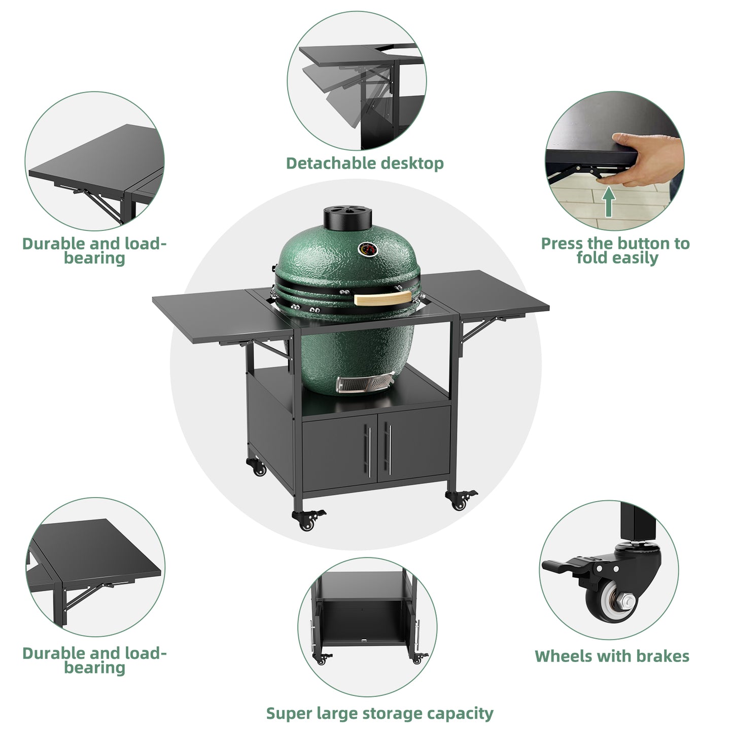 Outdoor Grill Table for Big Green Egg & Kamado Joe - Metal Cart with Folding Panels, Black