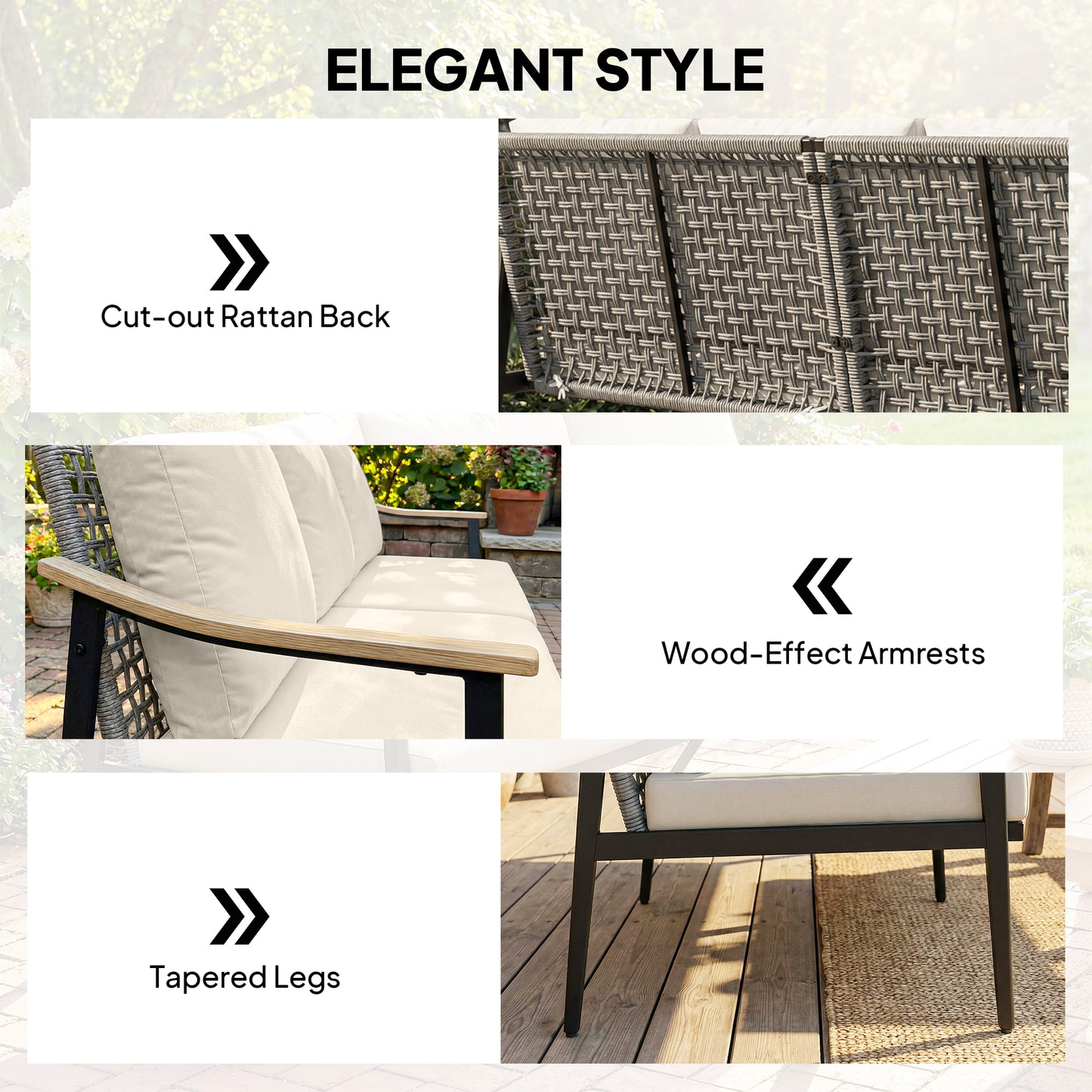 Outdoor Patio Sofa for 3 - Wicker Couch with Cushions, Khaki