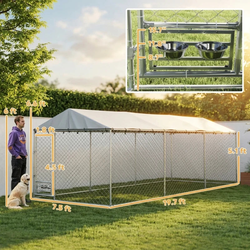 Outdoor Dog Kennel with Lockable Door UV-Resistant Cover 20x7.5x6.5ft, Silver