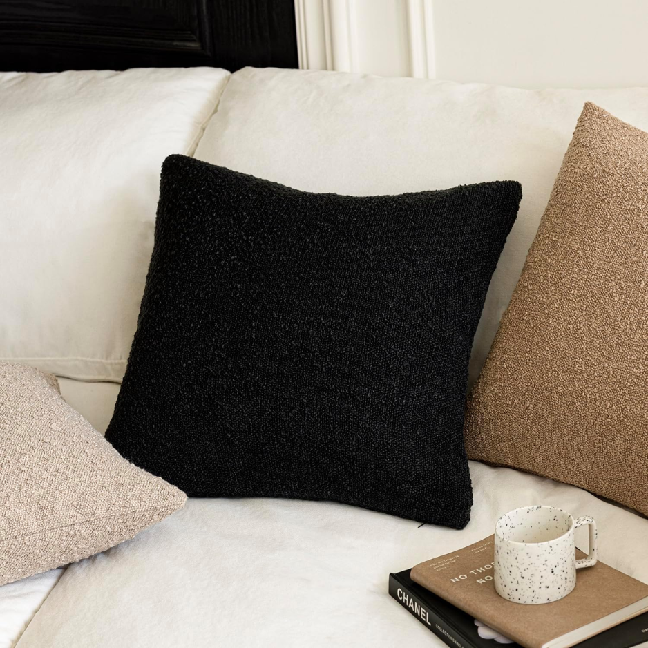 Decorative Boucle Throw Pillow Cover 18x18 Inch Black Accent Cushion Cover