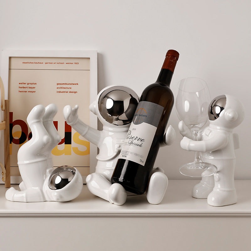 Modern Astronaut Wine Rack Decor - Silver Plated Wine Bottle Holder