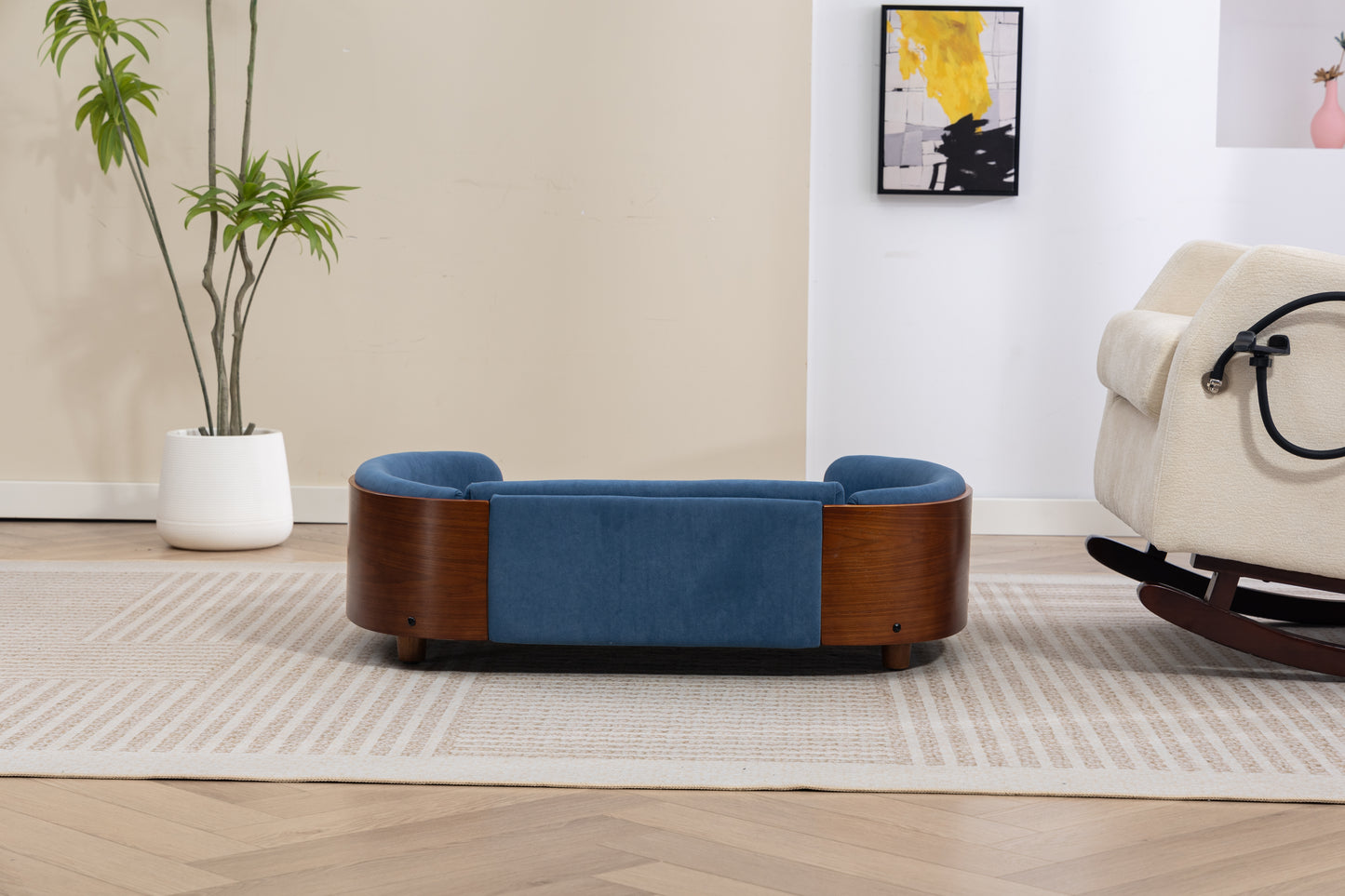 Large Scandinavian Style Elevated Dog Bed with Velvet Cushion and Solid Wood Legs