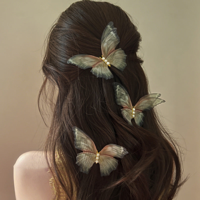 Mesh Pearl Butterfly Barrettes Duckbill Clip - Green (2pc)