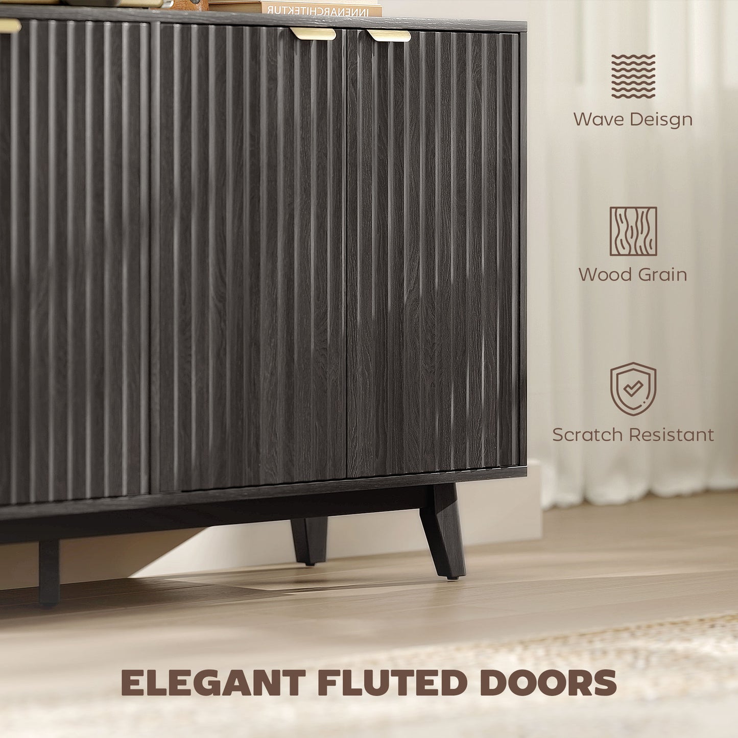 Fluted Buffet Cabinet - 55" Dark Gray with 4 Doors & Adjustable Shelves