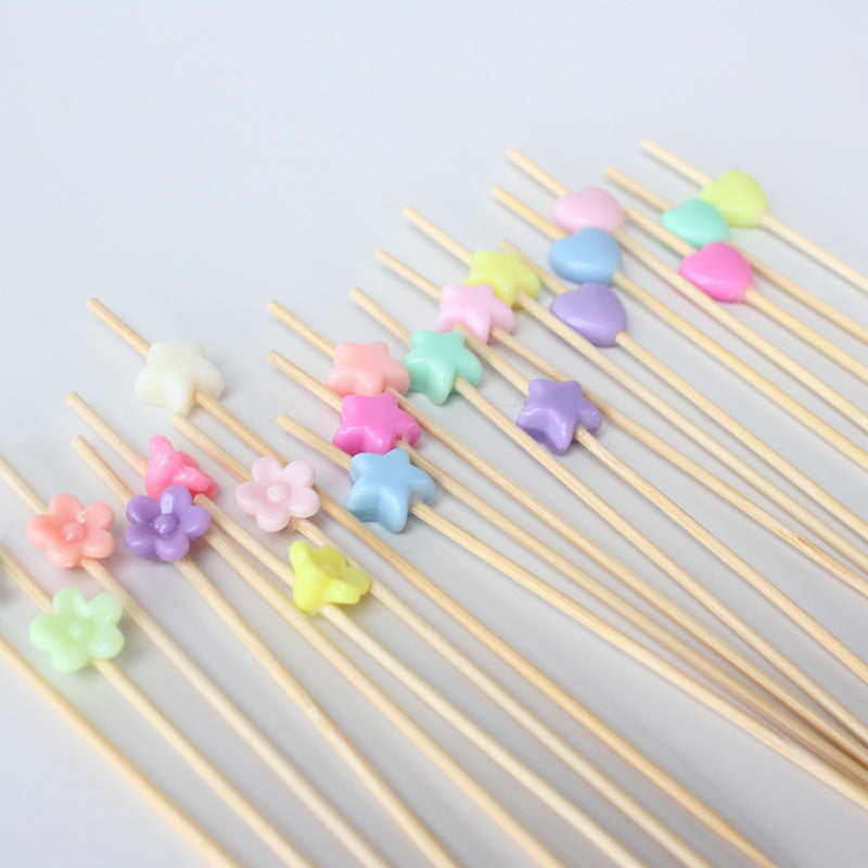 Set of 100 Bamboo Fruit Toothpicks with Colorful Star and Flower Designs, 12cm