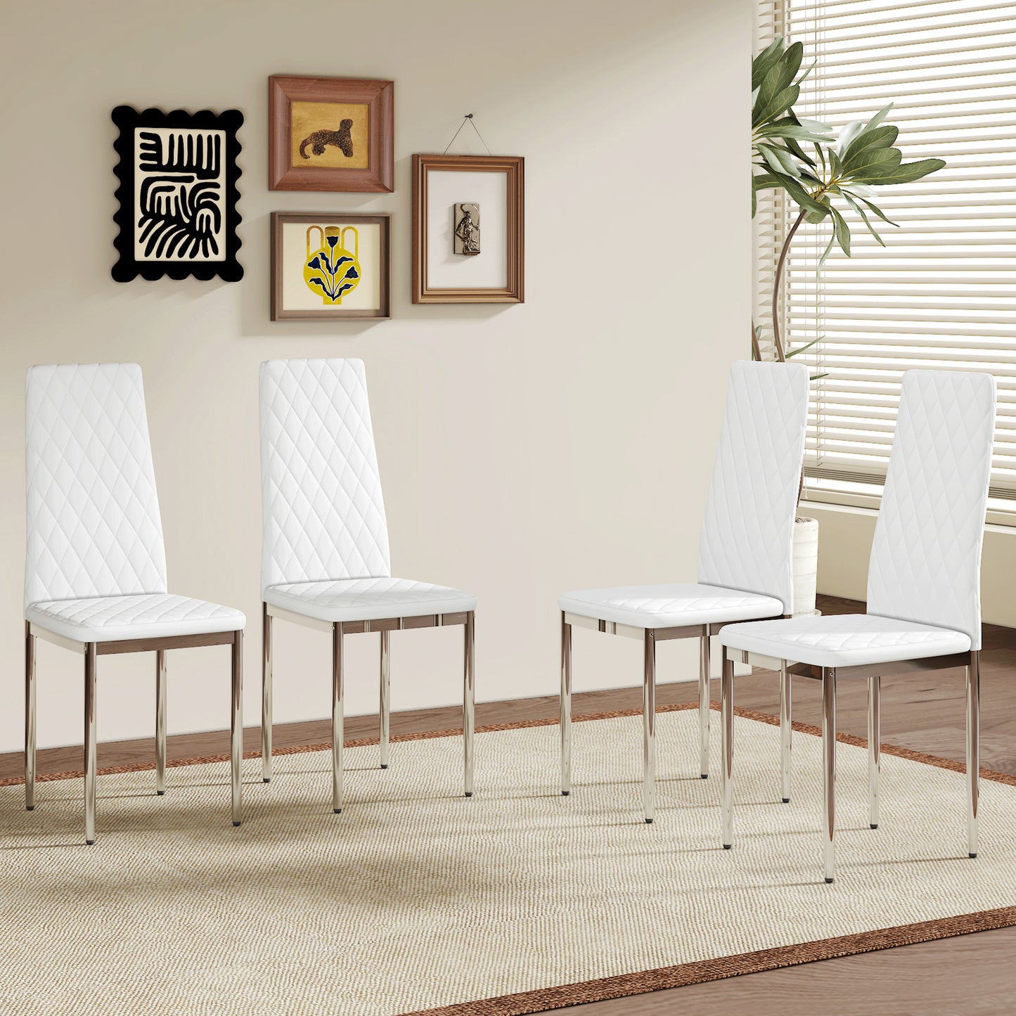 Modern White PU Dining Chairs Set Of 4 - Diamond Quilted High Back