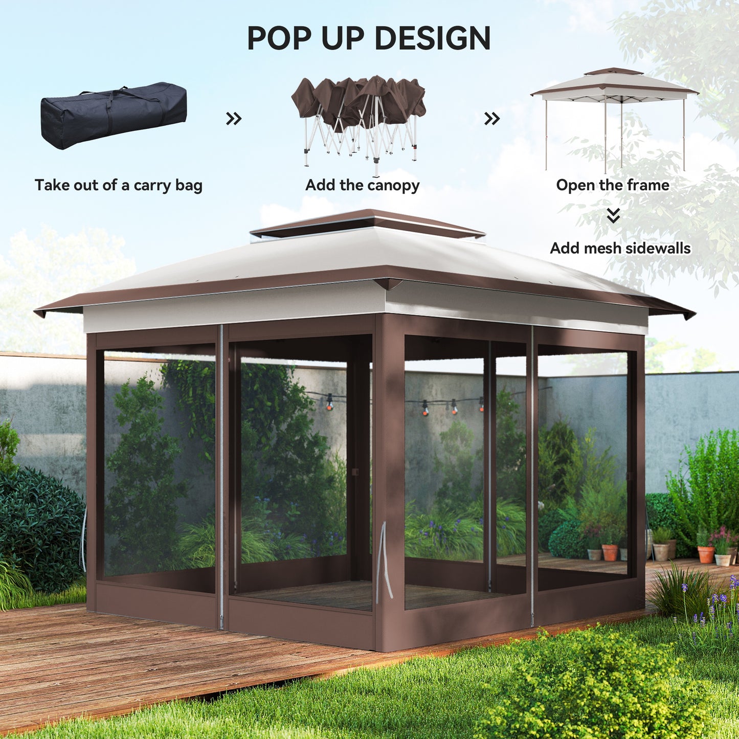 12x12 Pop-Up Canopy Tent with Mesh Sidewalls & Carry Bag - Beige/Brown