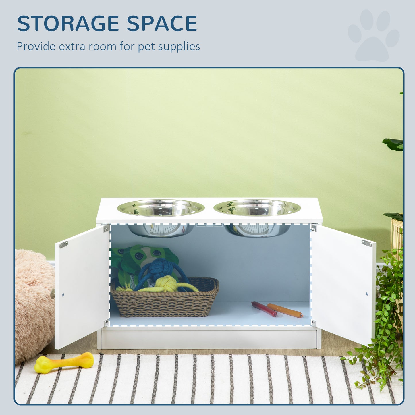 Large Elevated Dog Feeder with Storage Cabinet - White, 44L Capacity