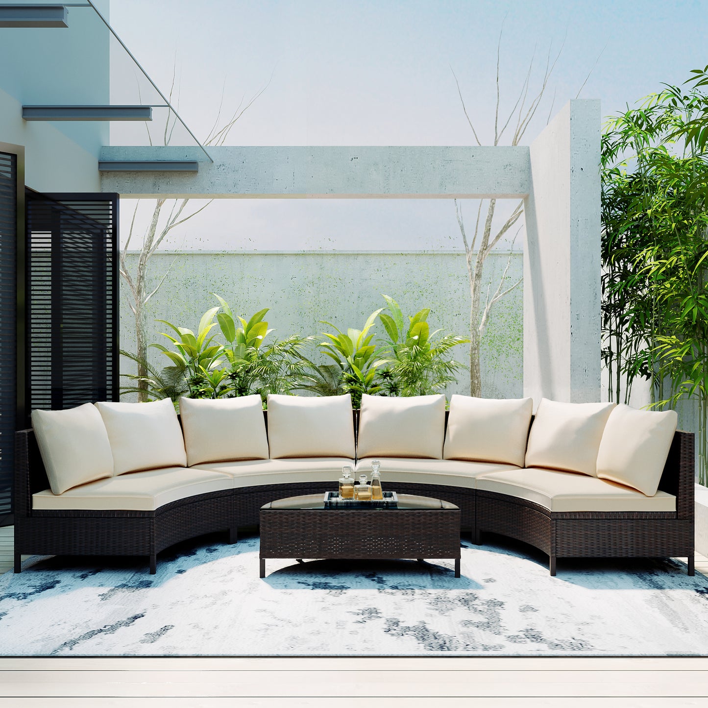 5-Piece Beige Rattan Wicker Patio Sofa Set with Glass Table
