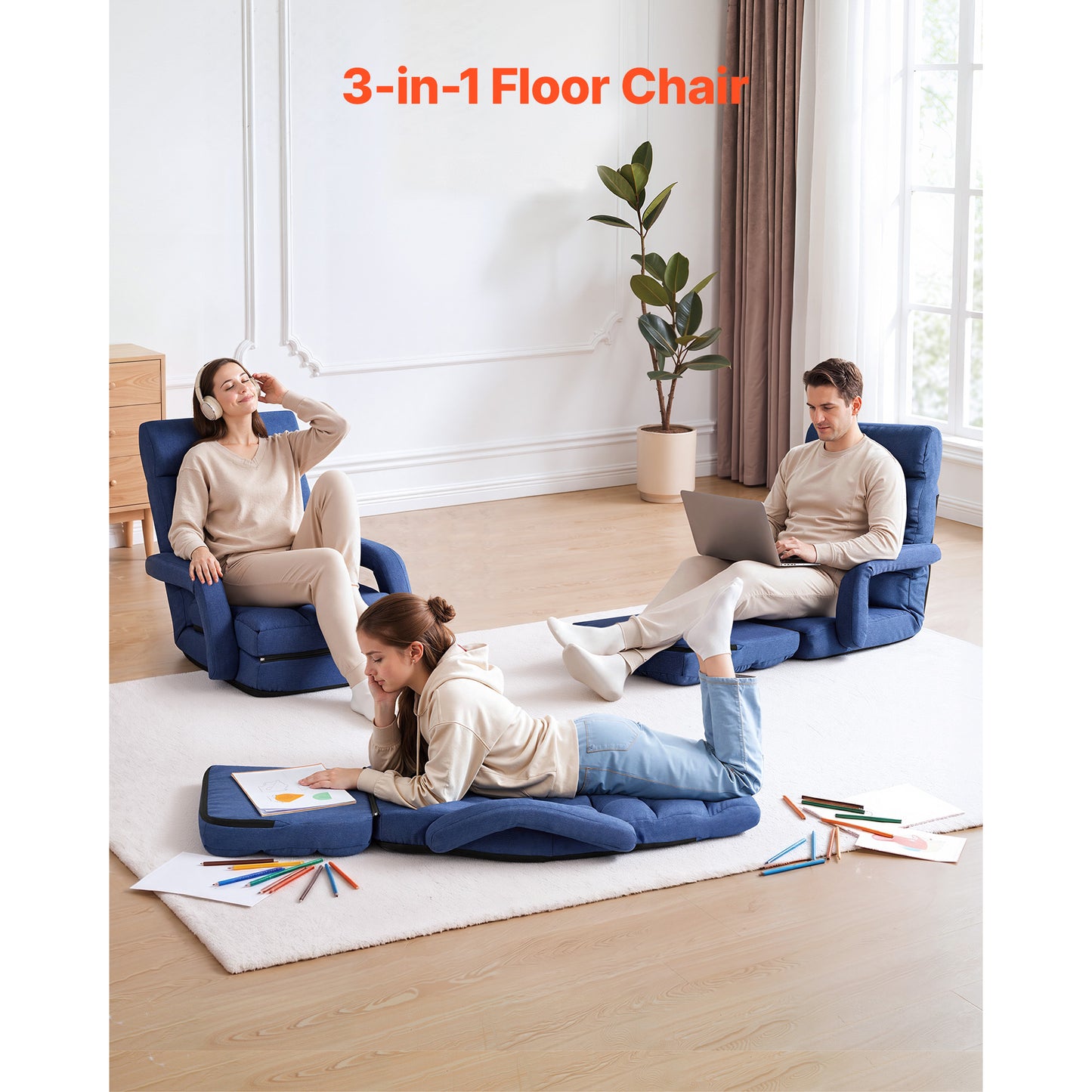 Folding Floor Chair with Adjustable Positions, Back Support, Armrests & Cushion - Dark Blue