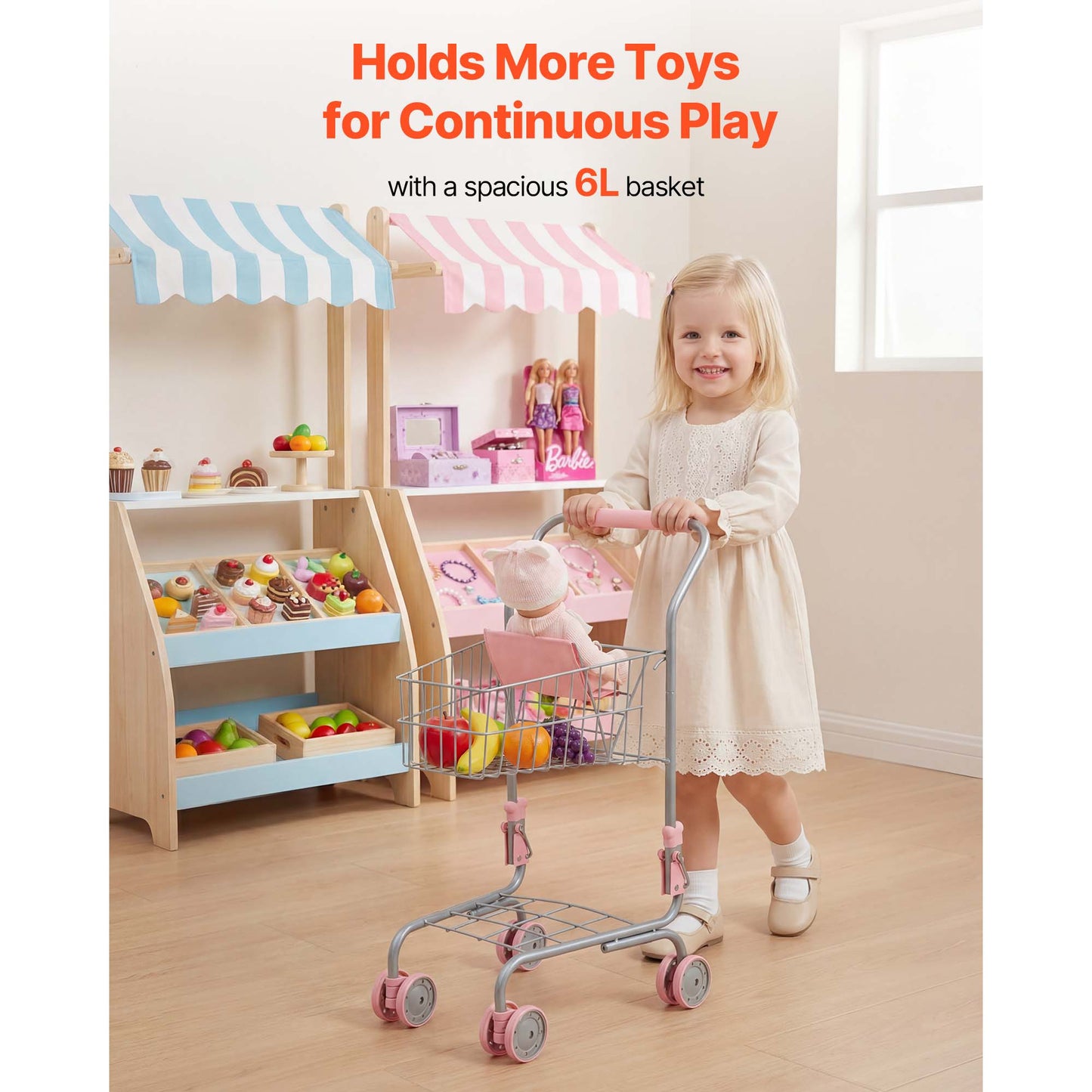 Kids Shopping Cart Toy with Rolling Wheels and Storage Basket - Pretend Play Grocery Trolley for Kids & Toddlers