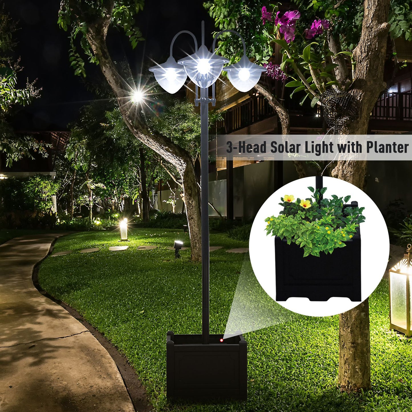 74.5" 3-Head Solar Lamp Post Light with Planter - Black