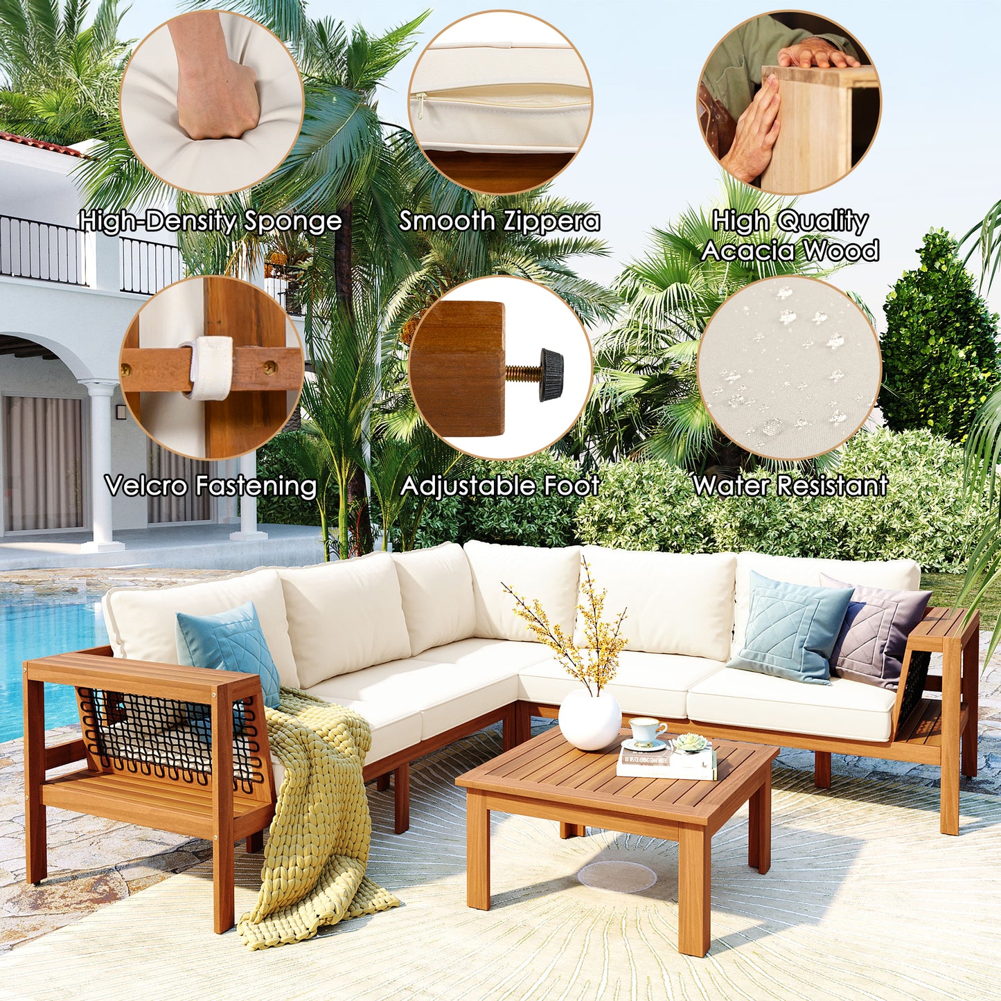 GO 4 Pieces Outdoor Acacia Wood Sofa Set, Woven Mesh Armrests,