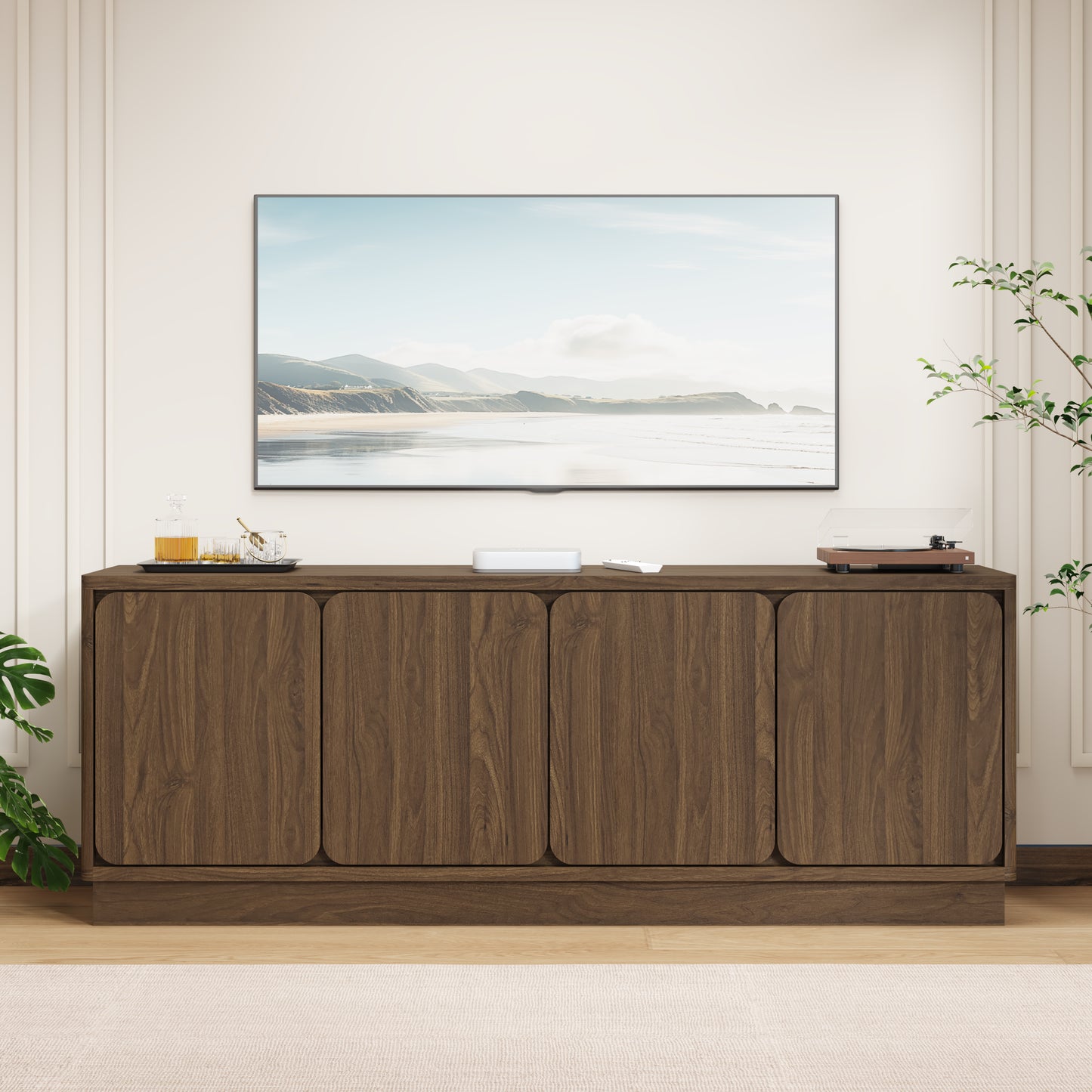 63 Inch Walnut TV Stand with 4 Storage Doors - Modern Media Console