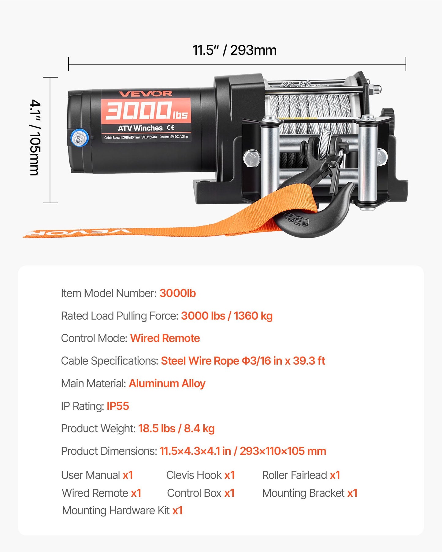 3000 Lb Electric Winch for ATV UTV 12V DC Steel Wire Rope Waterproof Aluminum Housing