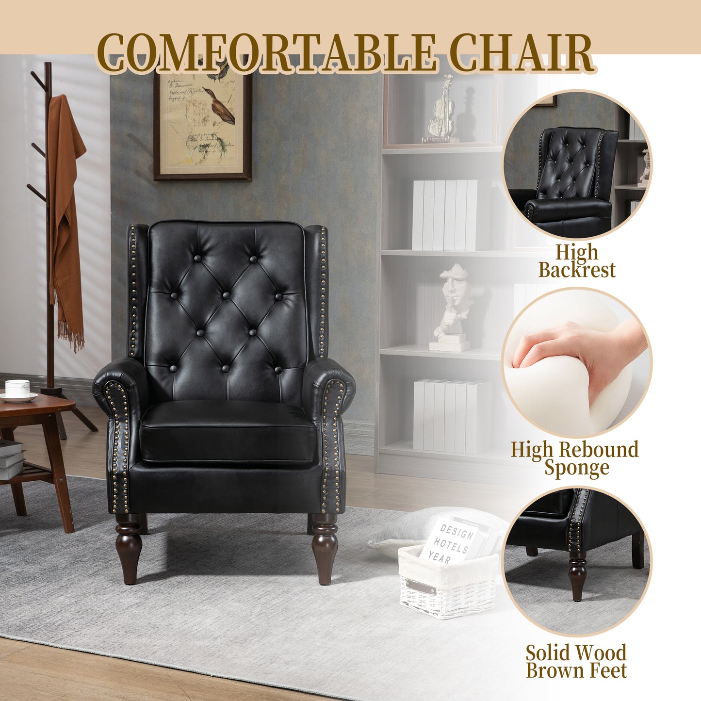 Modern Wood Frame Armchair - Black PU Accent Chair for Living Room