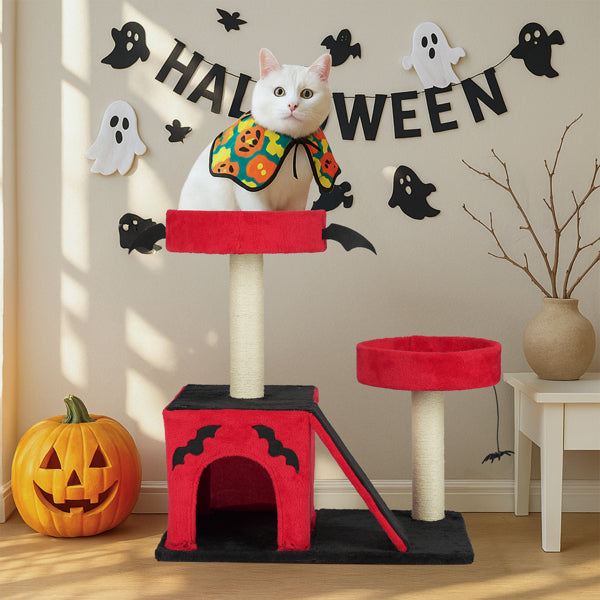 Halloween Cat Tree with Spooky Gothic Design, Large Cat Condo & Perches