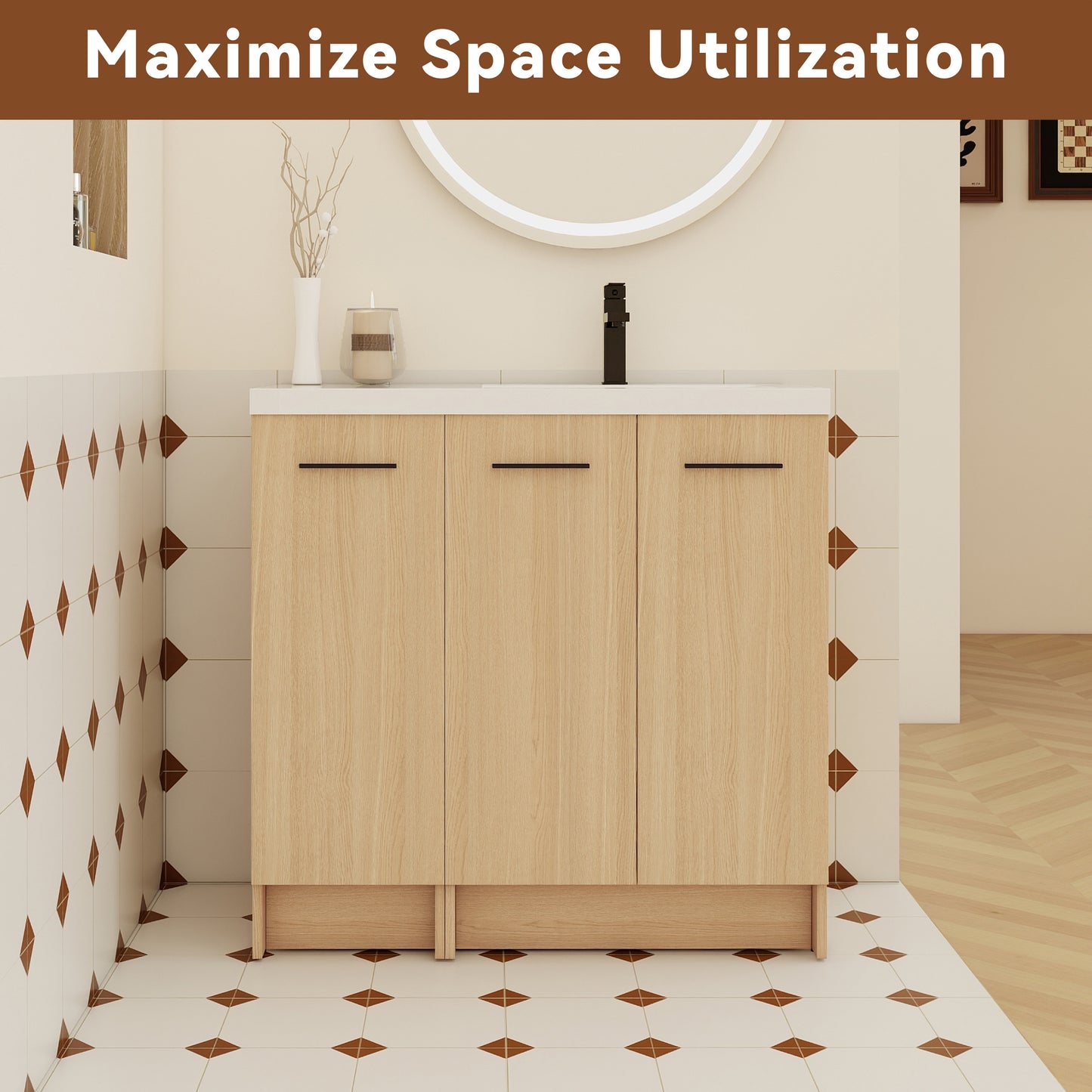 36" Modular Freestanding Bathroom Vanity with Resin Sink Top - Light Oak