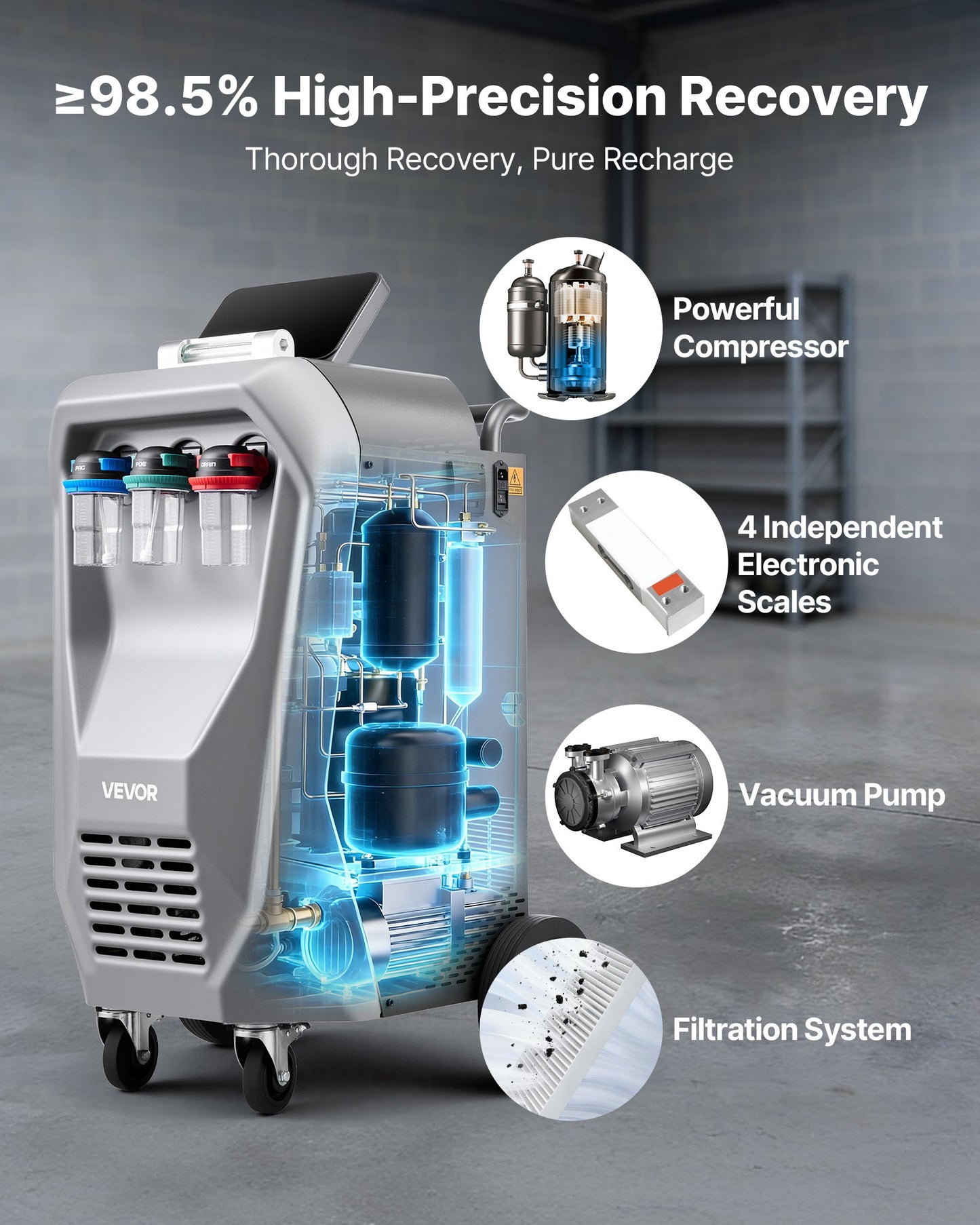 Automatic Refrigerant Recovery Machine for R134a with 98.5% Accuracy - 10.1-Inch Touch Screen for Automotive A/C Service