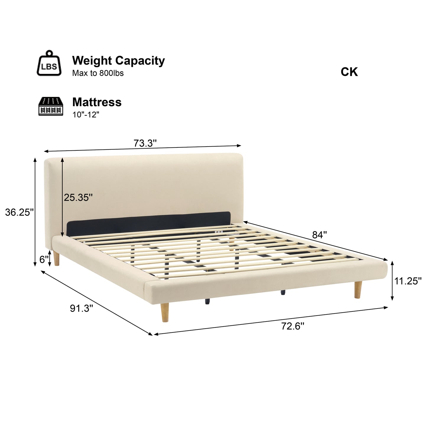 Beige Chunky Headboard Bed Frame - California King, 800lbs Capacity
