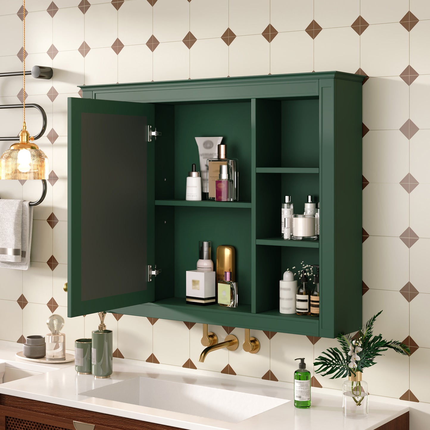 35'' x 28'' Wall Mounted Bathroom Storage Cabinet with Mirror - Green