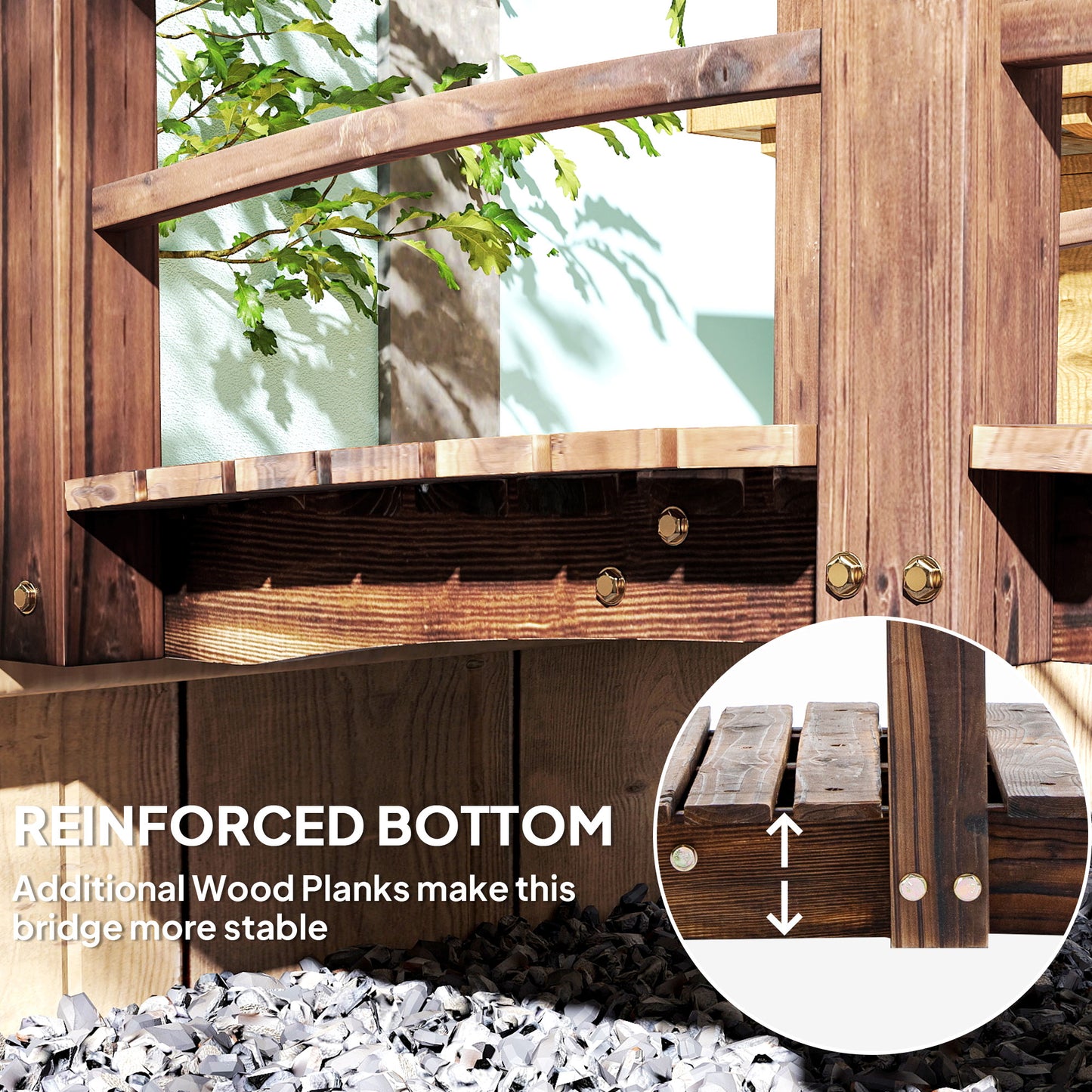 Wooden Garden Bridge with Side Railings - 60 Inch Stained Fir Wood Walkway