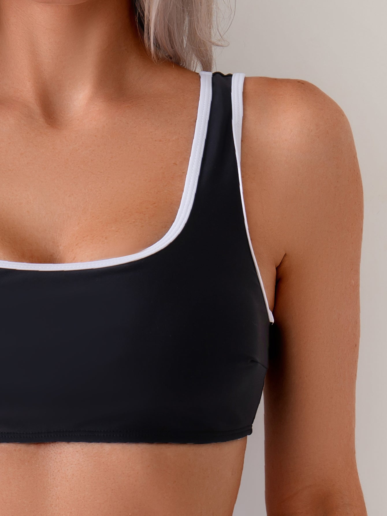 Sporty Black Bikini Set - Square Neck Top with White Trim