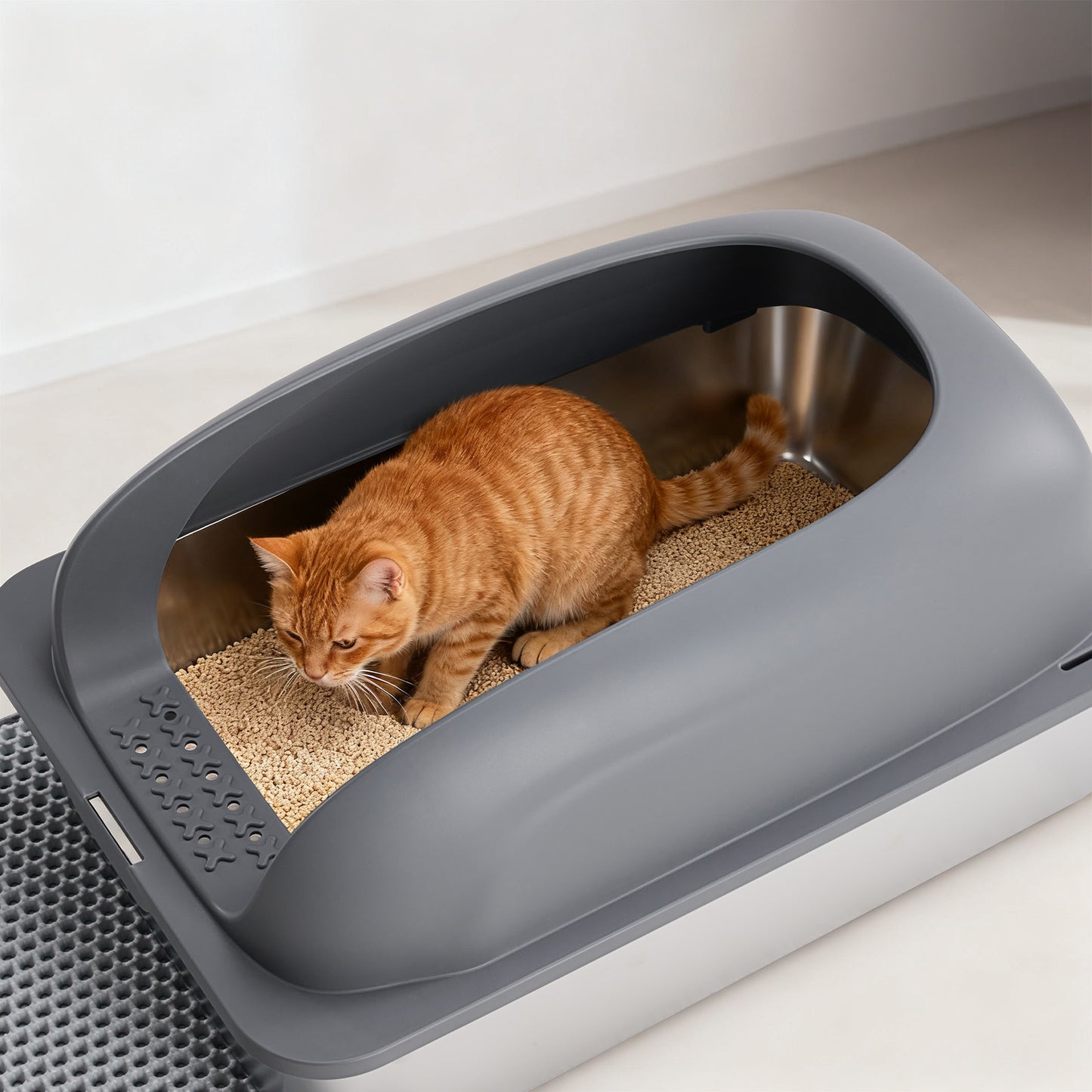 Large Stainless Steel Cat Litter Box with Lid, Odor-Free, Easy to Clean, Includes Scoop & Mat