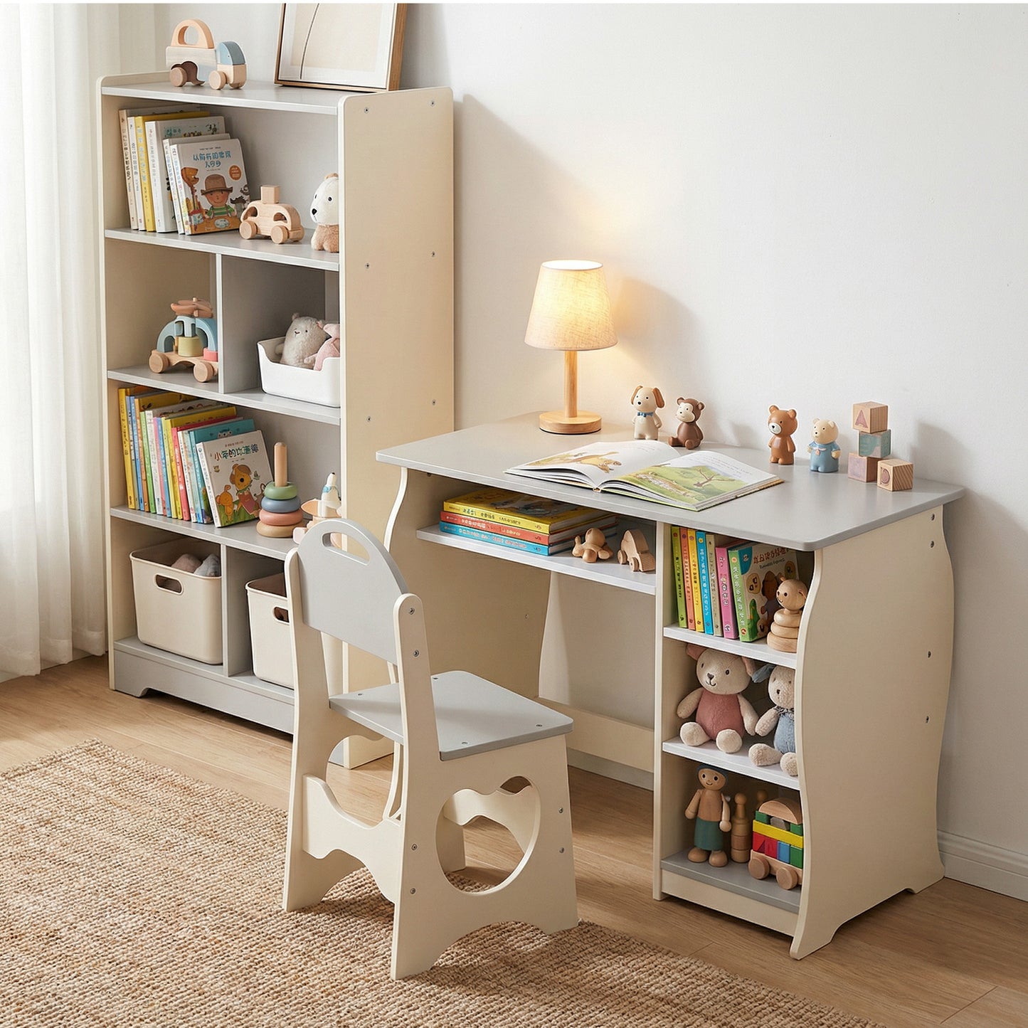 Kids Desk And Chair Set Multifunctional White Grey Toddler Student