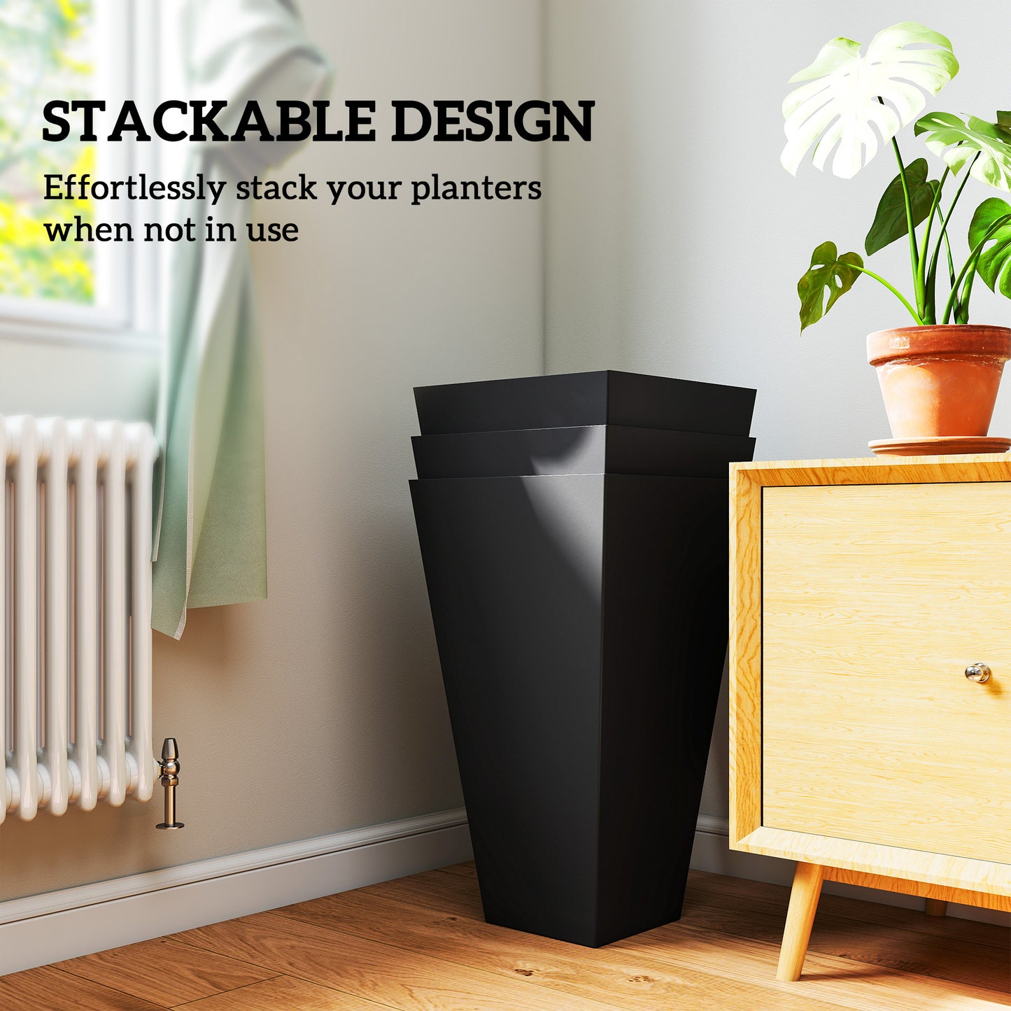Tall Outdoor Plant Planters Set of 3 - 28 Inch Black Taper Pots with Drainage Holes