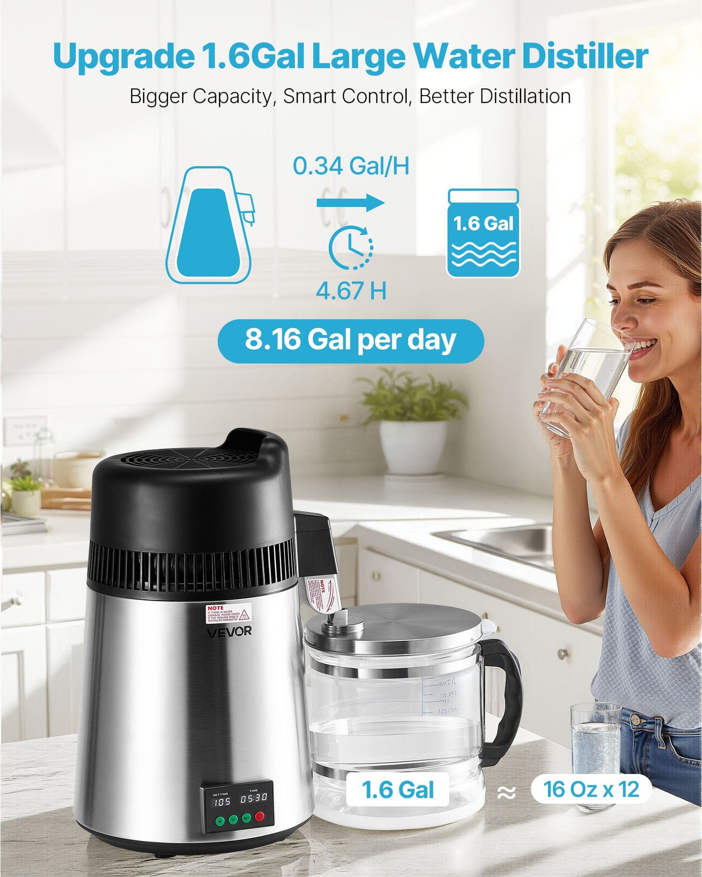 6L Water Distiller Machine - Countertop Purifier with Stainless Steel & Glass