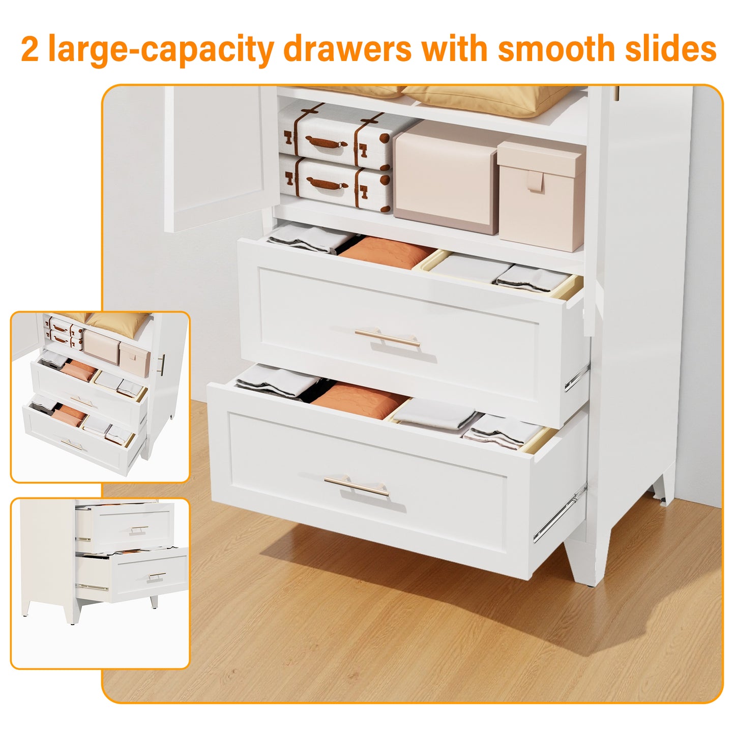 71" Tall Metal Wardrobe Cabinet with 2 Drawers and Hanging Rod - White
