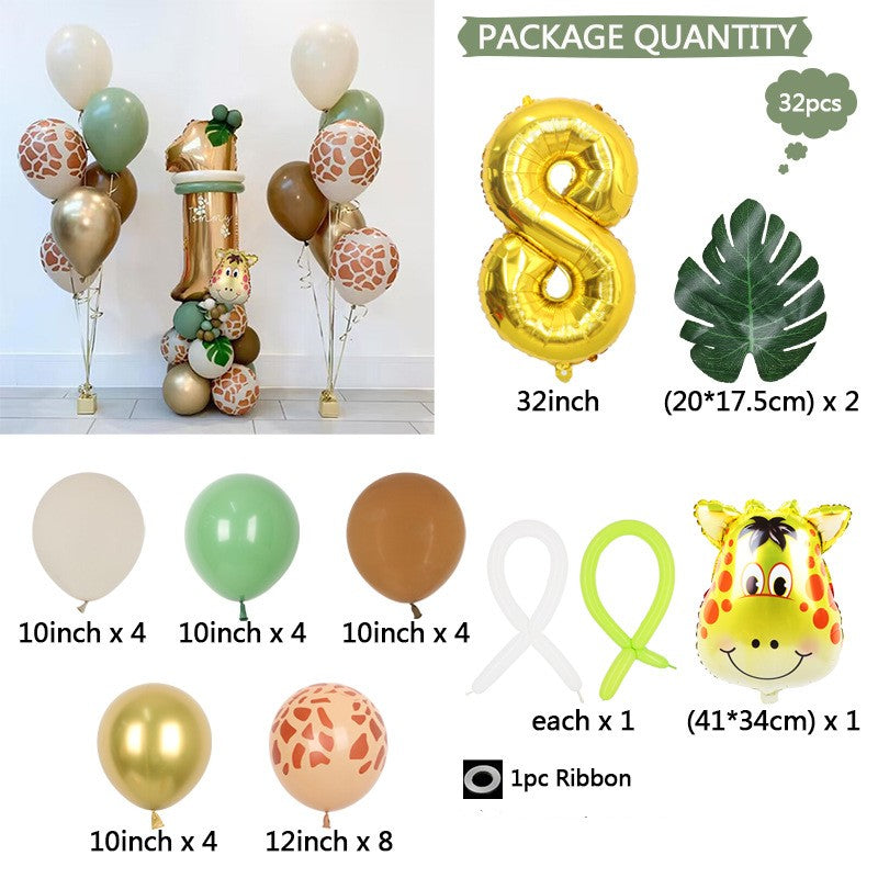 Green Leaf Jungle Animal Birthday Balloons - Digital Aluminum Film Decor Set