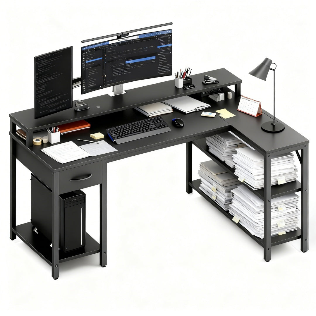 L-Shaped Gaming Table with USB Charging & LED Light