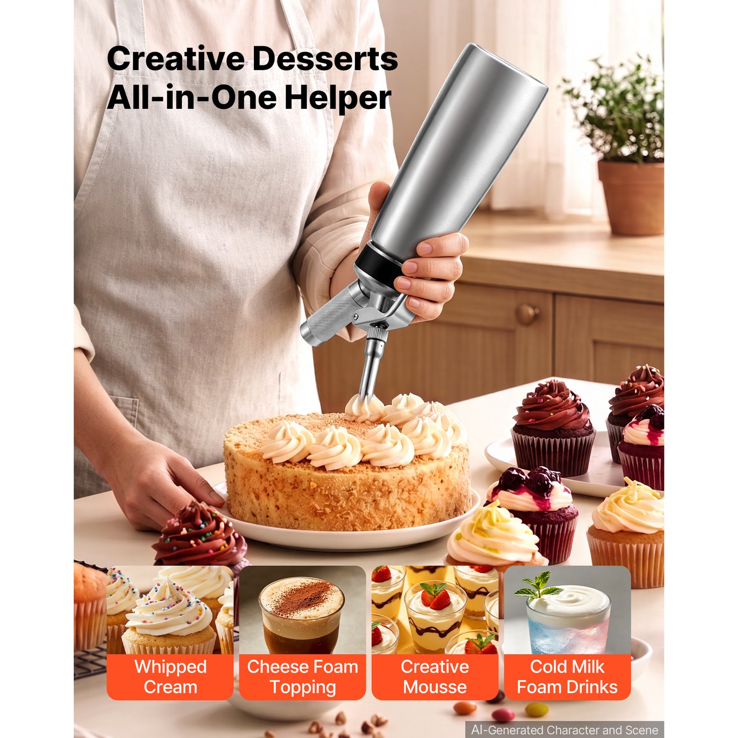 304 Stainless Steel Whipped Cream Dispenser 500ml with Nozzles & Brush